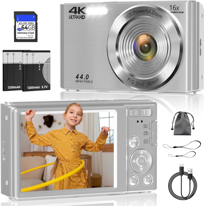 ceye Digital Camera, FHD 4K 44MP Digital Camera, 16X Digital Zoom, Digital Point and Shoot Camera with 3-LED Fill Lights, 64GB SD Card, Compact Camera for Kids Teen Boys Girls, Sliver - Image 1